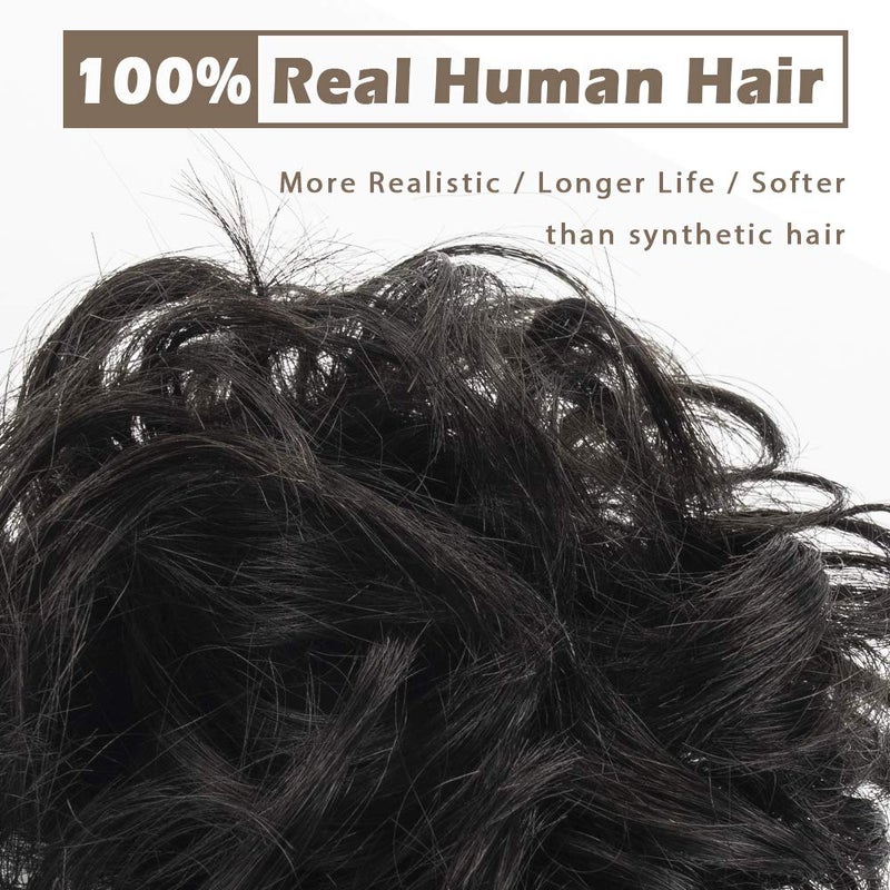 BARSDAR 100% Human Hair Bun Extension - Real Human Hair Black Messy Bun Scrunchie for Women - Elastic Wavy Updo Extensions Thick Soft Fluffy Natural Looking Chignons Hairpieces - Natural Black - Image 2